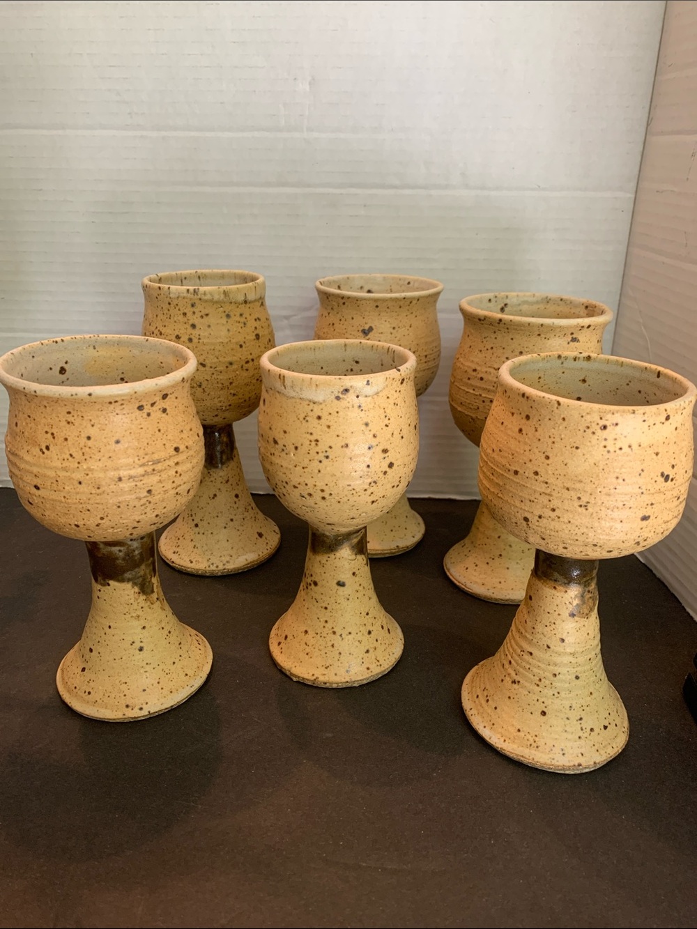 Set of 6  Brown Speckled Handspun Pottery Wine Goblets